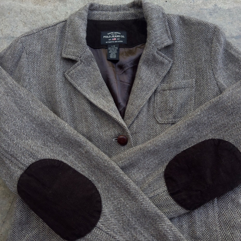 Vintage 90s Polo Ralph Lauren Wool Herringbone Blazer Elbow Patch Grey L (k2)